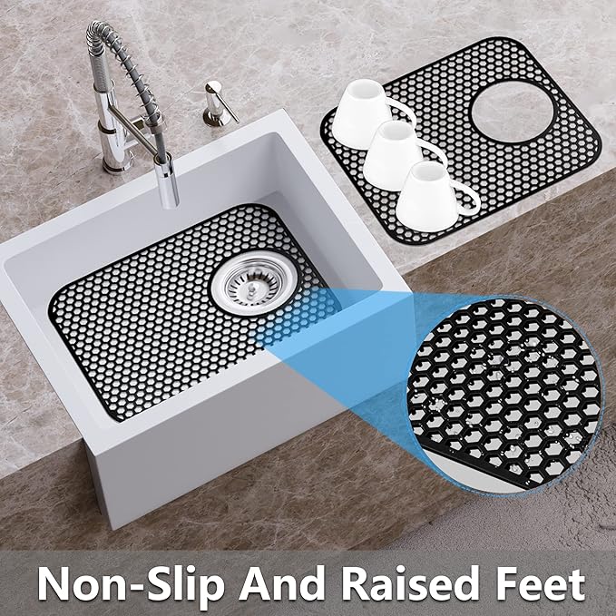 Sink Protectors for Kitchen Sink,2 PCS Silicone Kitchen Mat 13.58"x11.6",Non-Slip Bottom Guard Compatible with Farmhouse/Stainless Steel/Porcelain(Black, Rear Drain)