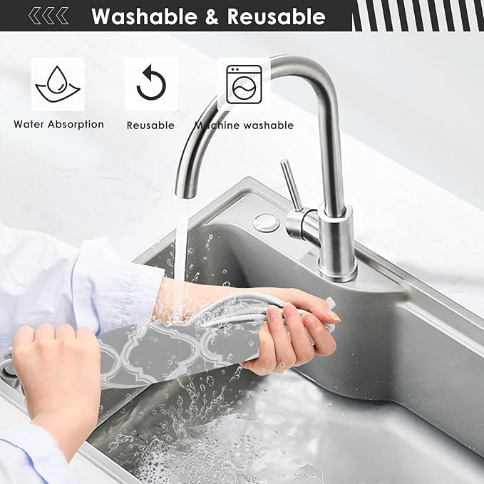 2 PCS Kitchen Sink Splash Guard 23.6 Inch Faucet Mat for Kitchen Sink Bathroom Sink Faucet Absorbing Drip Drain Mat Pad Microfiber Soft Washable Grey and Black Quatrefoil