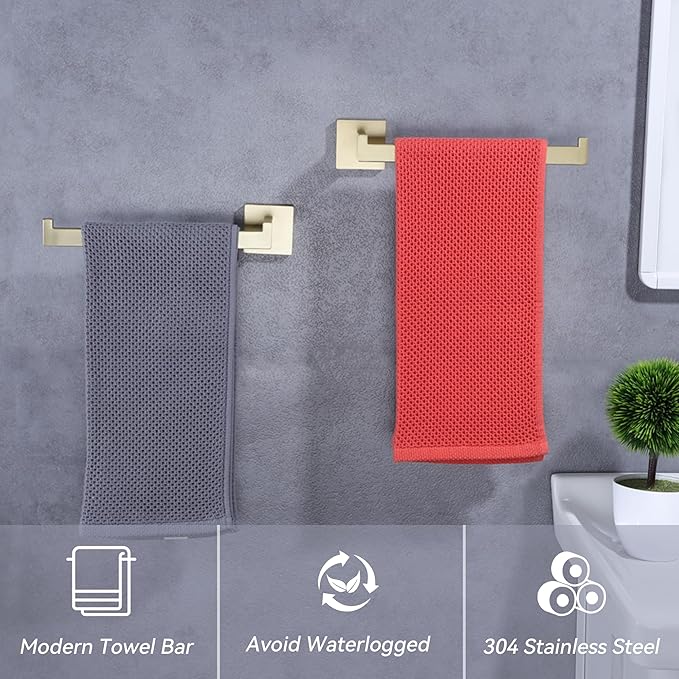 LANC Bathroom Hand Towel Holder 2 Pack Left and Right Side Brushed Gold Hand Towel Bar 10 Inche Square Towel Ring for Kitchen Bathroom Wall Mount Stainless Steel Towel Rack Hanger,A8806BG-LRP2