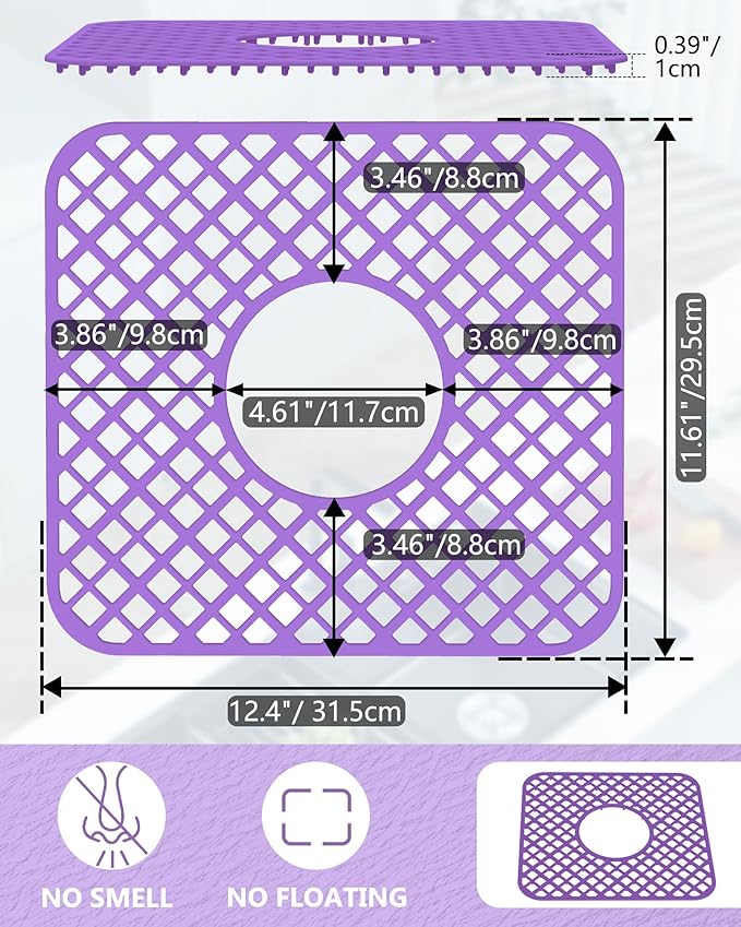 2 Pack Silicone Sink Protector for Kitchen Sink, Lozenge Pattern 12 x 11" Sink Grid Mat Silicone Protectors, Center Drain, Purple