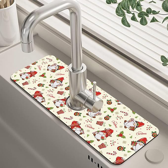 Christmas Santa Claus Kitchen Sink Splash Guard Mat Absorbent Fast Drying Mat Faucet Draining Mat Sink Splash Guard Behind Faucet Drip Catcher for Kitchen Bathroom 5.5"×15"