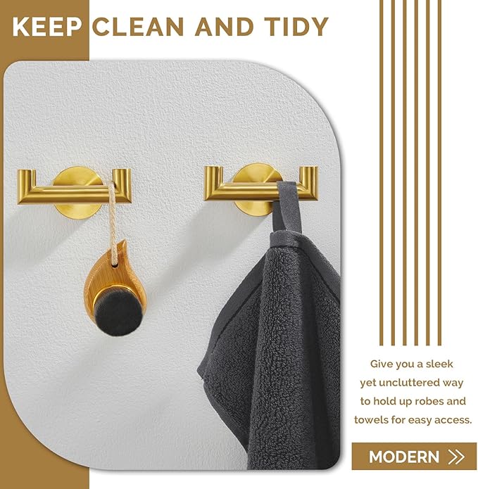 Angle Simple Towel Double Hook Brassy Gold 2 PCS, SUS304 Stainless Steel Bathroom Hand Towel Holder, Double Robe Hook, Wall Mount