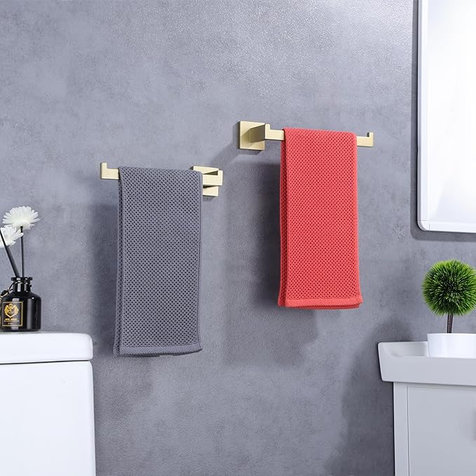 LANC Bathroom Hand Towel Holder 2 Pack Left and Right Side Brushed Gold Hand Towel Bar 10 Inche Square Towel Ring for Kitchen Bathroom Wall Mount Stainless Steel Towel Rack Hanger,A8806BG-LRP2