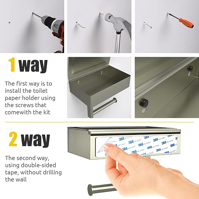 Brushed Nickel Toilet Paper Holder Wall Mounted with Shelf & Wipes Storage – Stainless Steel SUS304 Modern Toilet Tissue Roll Holder for Bathroom, Kitchen – Adhesive and Screw Installation