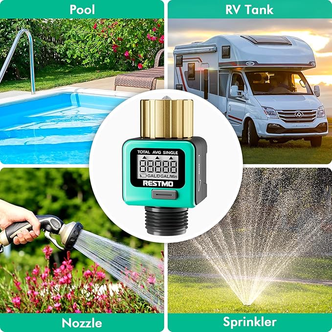 [2 Pack] RESTMO Heavy Duty Water Flow Meter, Pure Brass Inlet | Metal Thread | 4 Measure Modes | Display Gallon/Liter Usage and Flow Rate | Ideal to Track Outdoor Garden Hose Watering