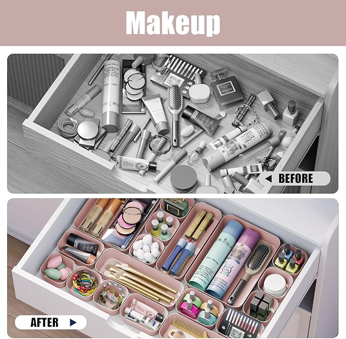 Plastic Drawer Organizers, 28 PCS Drawer Organizer Bins, Bathroom and Vanity Organizer Plastic Tray, Makeup organizer and storage for Makeup, Bedroom, Kitchen Gadgets Utensils and Office