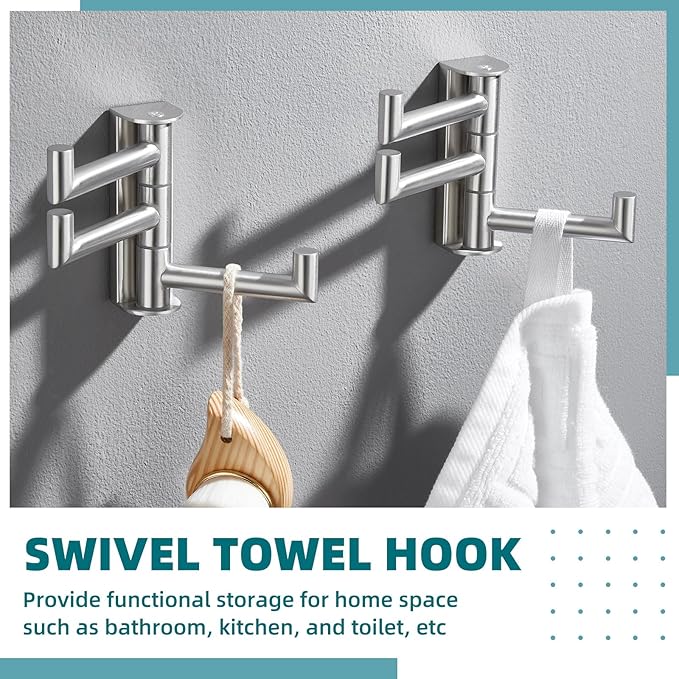 APLusee Swivel Towel Hook 2 Pack Brushed Nickel, 304 Stainless Steel Hook with Three Arms, Wall Mount
