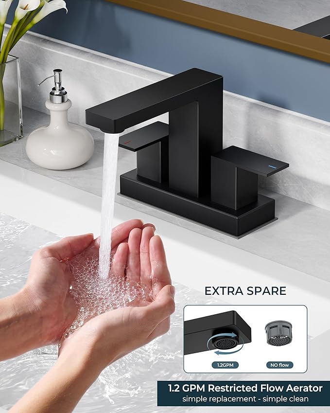 FORIOUS Black Bathroom Faucet Centerset 2 Hole, Square 4 Inch Matte Black Centerset Bathroom Sink Faucet 2 Handle with Metal Pop Up Drain, 24" CUPC Hose and Spare Water Saving Aerator