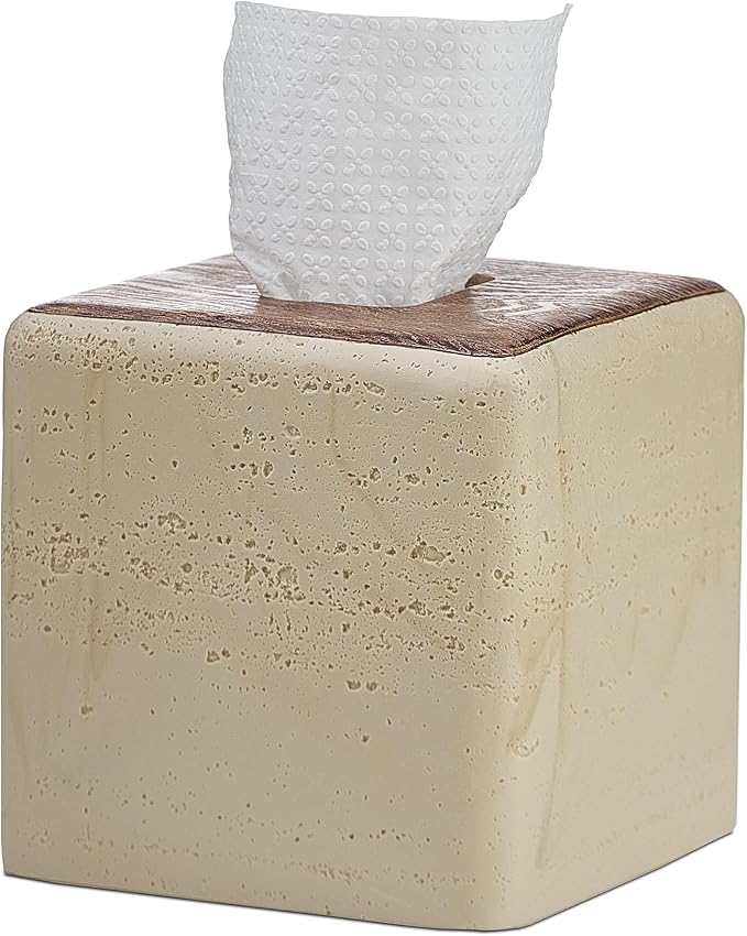 Natural Travertine & Wood Textures Tissue Box Cover Square for Home Decor,Resin Heavy Tissue Box Holder for Bathroom Countertop,Tabletop,Bedside Table,Office (Handmade of Resin)