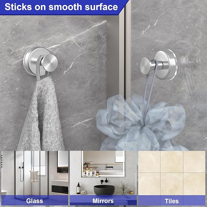 HUFEEOH 4-Pack Silver Shower Suction Hooks - Heavy Duty Vacuum Hooks for Bathroom, Kitchen, Glass & Tile - No Drill Removable Hanging Solution for Towels, Robes and Shower Accessories