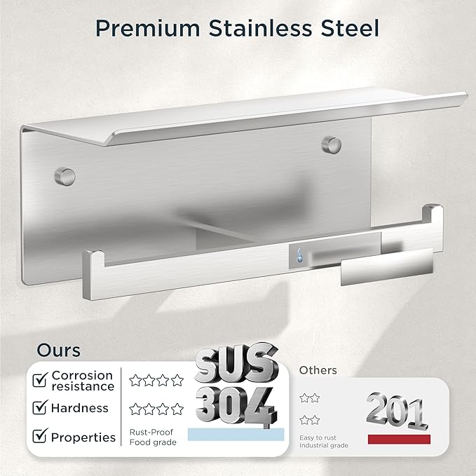 FORIOUS Toilet Paper Holder with Shelf, 304 Stainless Steel Wall Mount Commercial Toilet Paper Dispenser, Double Tissue Roll Holder for Bathroom, 2 Pack Brushed Nickel