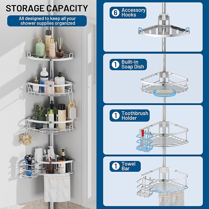 Corner Shower Caddy Tension Pole, 4 Tier Adjustable No Drill Rustproof Large Capacity Space-Saving Shower Shelves Organizer Storage Rack 45.29-119in for Bathroom Bathtub Family Renters, Chrome