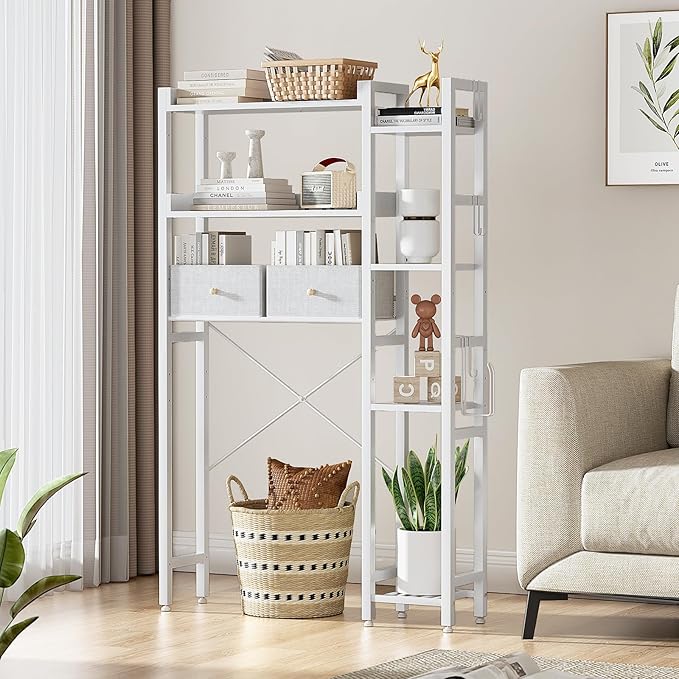 Housolution Over The Toilet Storage with 2 Drawers, 7 Tier Over Toilet Bathroom Organizer with Height Adjustable Shelves and Hooks, Space Saver Above Toilet Rack for Bathroom/Restroom/Laundry, White