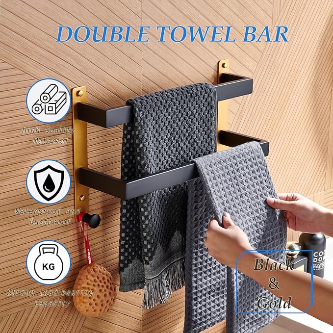 16 Inch Double Towel Bar with Hooks Black & Gold, Wall Mounted Towel Holder for Kitchen Bathroom, Stainless Steel Towel Rack