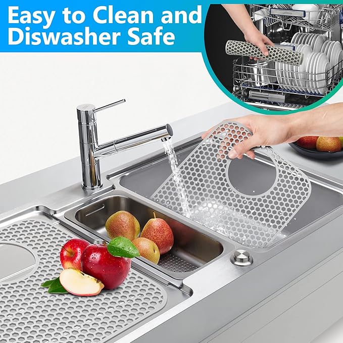 Sink Protectors for Kitchen Sink,2 PCS Silicone Kitchen Mat 13.58"x11.6",Non-Slip Bottom Guard Compatible with Farmhouse/Stainless Steel/Porcelain(Grey, Rear Drain)