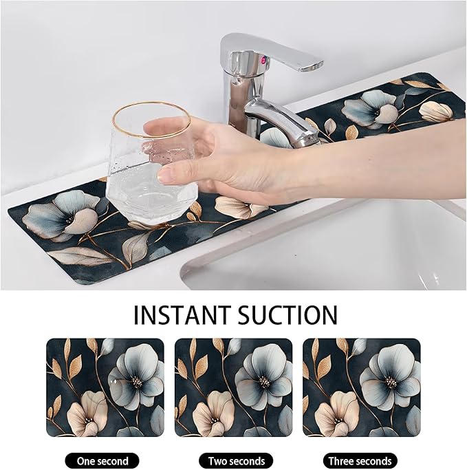 Bimkole 2 PCS Faucet Absorbent Mat, Kitchen Faucet Sink Splash Guard Wraparound Cloth Pads Drip Catcher for Sink Faucet for Kitchen Bathroom Faucet, Colorful Faucet Mat, 15 x 4 Inch Flower A4