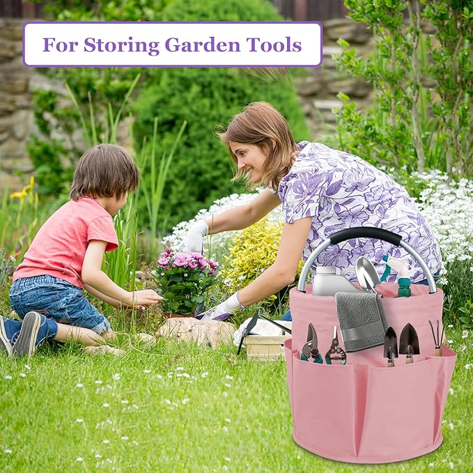 17L Portable Shower Caddy with 6 Side Pockets, Foldable Cleaning Supply Caddy with Handle, Garden Tool Bag in 600D Oxford Fabric, Multifunctional Storage Basket for Showers, Picnics, Pink