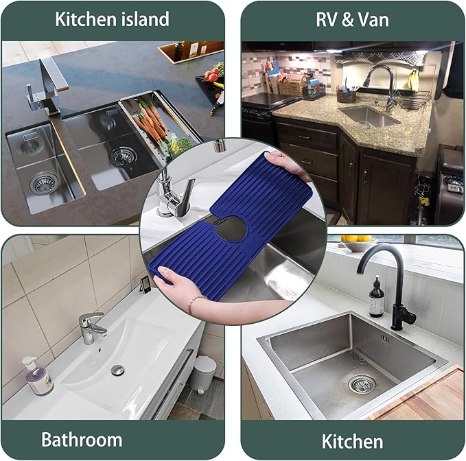 Faucet Mat for Kitchen Sink, Silicone Faucet Handle Drip Catcher Tray, Drying Mat as Sponge and Soap Holder with Lateral Inflow for Kitchen Bathroom Farmhouse & RV Sink Accessories (Blue)