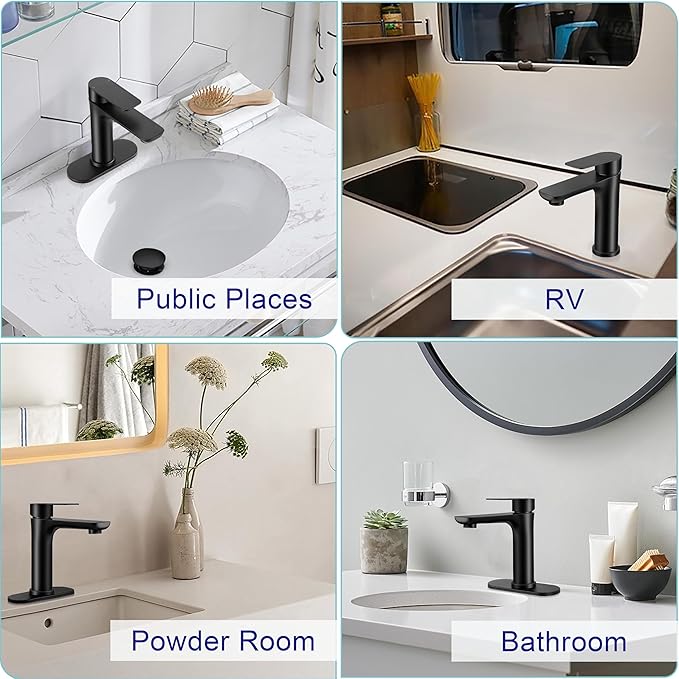 Homikit Matte Black Bathroom Faucet for 1 Hole or 3 Holes, 18/10 Stainless Steel Single Handle Bathroom Sink Faucets for RV Vanity Basin Lavatory Bath with Pop Up Drain & 2 Supply Hoses