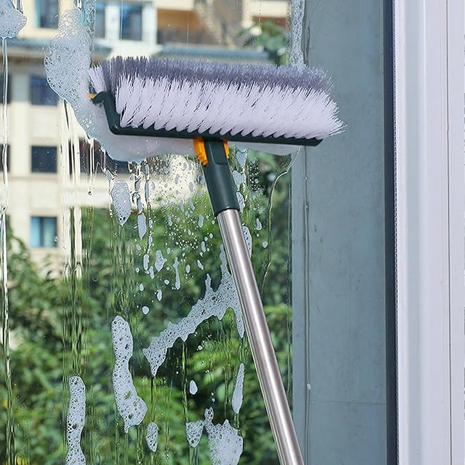 Grout Scrub Brush with 42" Long Handle Double-Sided Floor Scrub Brush V-Shape Grout Cleaner with Squeegee 180° Rotating for Tile Floors, Baseboards, Wall