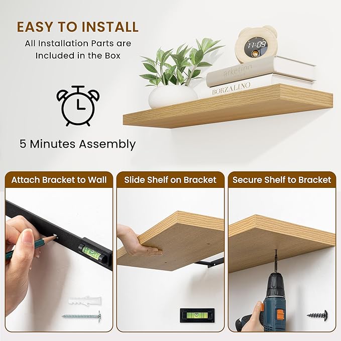Fun Memories 40 Inch Deep Floating Shelves for Wall, 2 Pack of Wall Mounted Wood Shelves with Invisible Brackets for Bathroom, Bedroom, Kitchen Decor and Storage, Oak