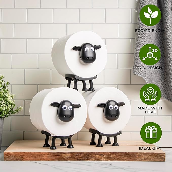 VELENTI Sheep Toilet Roll Holder, Free Standing Bathroom Set, 3D Printed, Funny Hilarious Black Sheep Loo Roll Holder, Tissue Paper Storage, Cute Bathroom Decor, X3, Set of 3