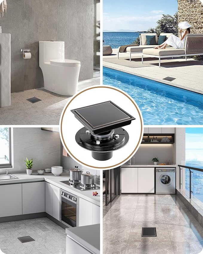 6 Inch Square Shower Drain with Flange Reversible 2-in-1 Cover Tile Insert Grate SUS 304 Stainless Steel, Hair Catcher, Anti-Clog, Rust-Resistant, Fast Drainage (Oil Rubbed Bronze)
