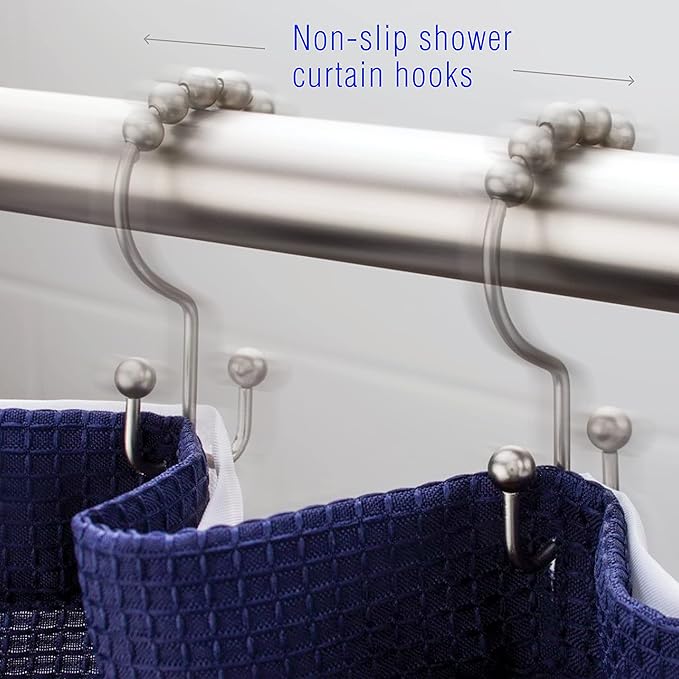 2lbDepot Double Sided Shower Curtain Hooks, Decorative Brushed Nickel Shower Curtain Hooks Rust Proof, Premium Stainless Steel Metal Hooks, Easy Glide Rollers, Set of 12 Curtain Rod Rings