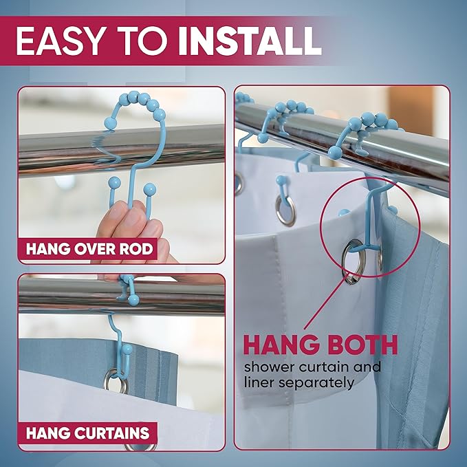 Shower Curtain Hooks Rust Proof (Set of 12) - Stainless Steel Shower Curtain Rings - Anti Slip Roller Balls for Easy Glide (Double Anchor Hooks, Sky Blue)