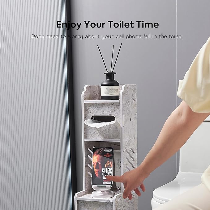 Doxo Small Bathroom Storage Cabinet, Behind Toilet Bathroom Organizer, Narrow Toilet Paper Cabinet for Restroom (Marble White)