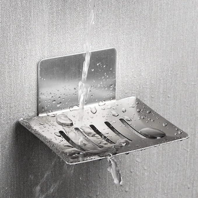 Soap Dish for Shower Wall, Stainless Steel Adhesive Soap Holder for Bathroom, 5 Slot Sponge Holder for Kitchen Sink, Bar Soap Tray with Drain Silver