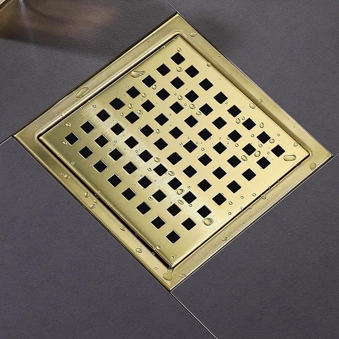 6 Inch Square Shower Floor Drain, Shower Drain Kit with Flange, Square Shower Drain, SUS 304 Stainless Steel Floor Drain,Golden