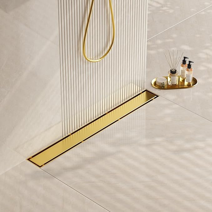 Neodrain 30-Inch Gold Linear Shower Drain, 2-in-1 Flat & Tile Insert Cover, Stainless Steel Linear Drain, Brushed Brass Rectangle Shower Floor Drain with Hair Strainer, Watermark&CUPC Certified