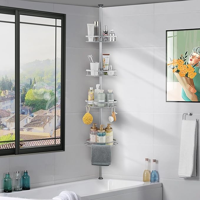 WPT Grey Shower Caddy Corner Organizer for Bathroom, Stainless Steel Tension Pole Corner Shelf Shower Caddy Stand for Bathtub Shampoo Storage, 4 Tier Adjustable Shelves, 28.7 to 104.7 Inches