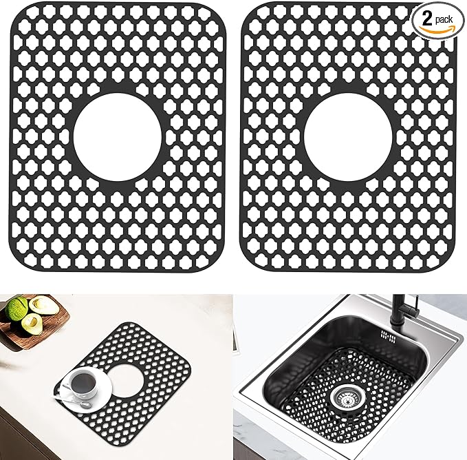 2 Pack Silicone Sink Protector for Kitchen Sink Bathroom, 13.58"x 11.6" Heat-resistant Sinks Mat, Non-Slip and Durable Sinks Protectors Silicone, Center Drain (Black)