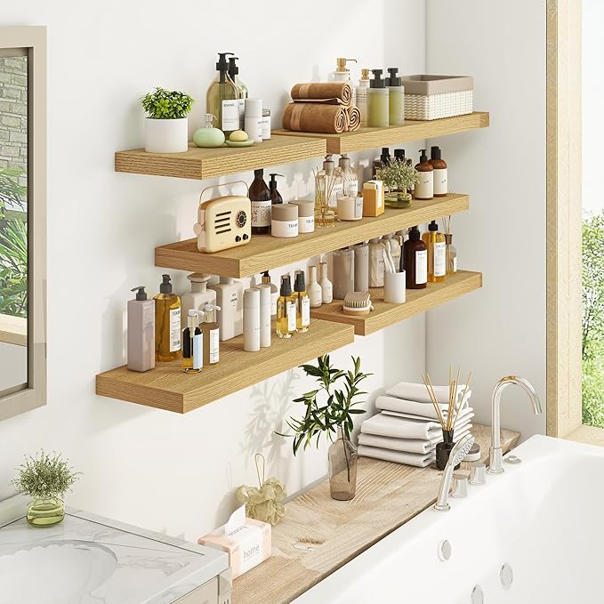 Fun Memories Floating Shelves 32 Inch Long, 9.3Inch Deep Floating Shelves for Wall, Extra Deeper & Thicker Wall Mounted Storage Shelf for Kitchen, Farmhouse, Oak, 2 Pack