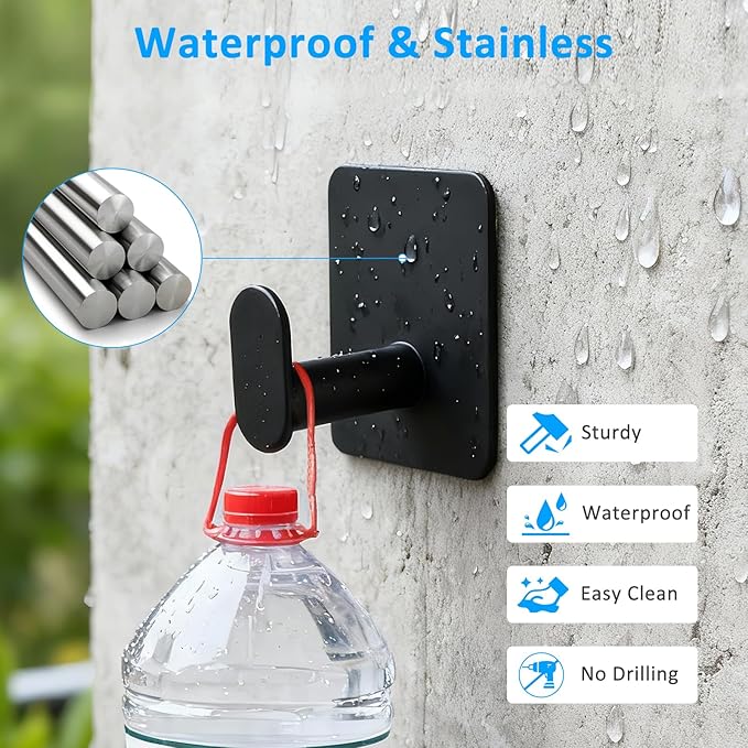 Adhesive Wall Hooks 12 Pcs, Waterproof Matte Black Towel Hooks for Bathroom, Stainless Steel Sticky Hooks for Kitchen Shower with Strong Hold