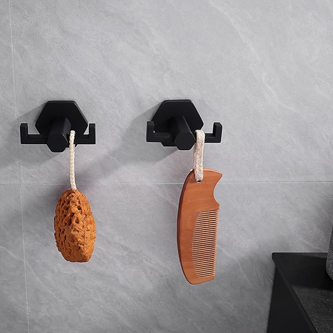 GERZWY Matte Black Coat/Robe Clothes Hook for Bath Kitchen Modern Hotel Style, Stainless Steel Bathroom Double Towel Hook Wall Mounted 2 Pack
