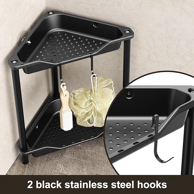 Orimade Rustproof 2 Tier Floor Standing Corner Shower Caddy Organizer, Plastic Metal Splicing Floor Corner Shelf Rack Stands for Bathroom, Black