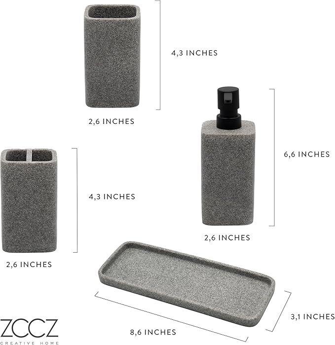 ZCCZ Grey Bathroom Accessory Sets, 4 Pieces Bathroom Accessories Complete Set Vanity Countertop Accessory Set, Includes Lotion Dispenser Soap Pump, Tumbler, Toothbrush Holder and Tray