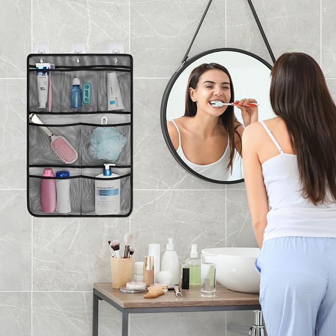 F-color Cruise Essentials 2026 - Mesh Shower Organizer Hanging with 7 Pockets for RV Gym Camping, Quick-Dry Portable Toiletry Bag with Metal Hooks for Bathroom Travel Toiletries