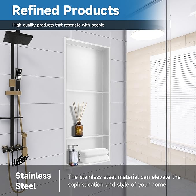Shower Niche 13 × 31, 3 Shelves Wall Niche Recessed Shelf for Bathroom Storage, Shower Niche Insert Tile Ready No Tile Needed Over Mount Installation, White