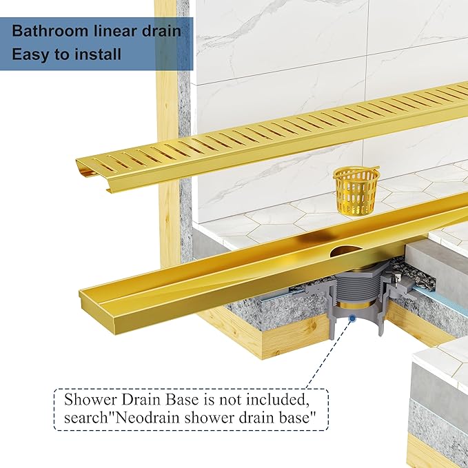 Neodrain 24" Gold Bathroom Linear Shower Drain with Removable Capsule Pattern Grate, 304 Stainless Steel Rectangle Shower Floor Linear Drain- Adjustable Leveling Feet,Hair Strainer, CUPC Certified