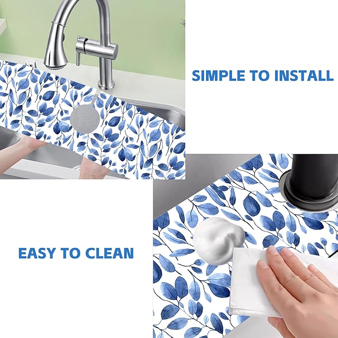 Watercolor Blue Leaves Sink Faucet Absorbing Mat Sink Splash Guard Faucet Mat Draining Mat Fast Drying Sink Protectors for Kitchen and Bathroom 5.5"×24"