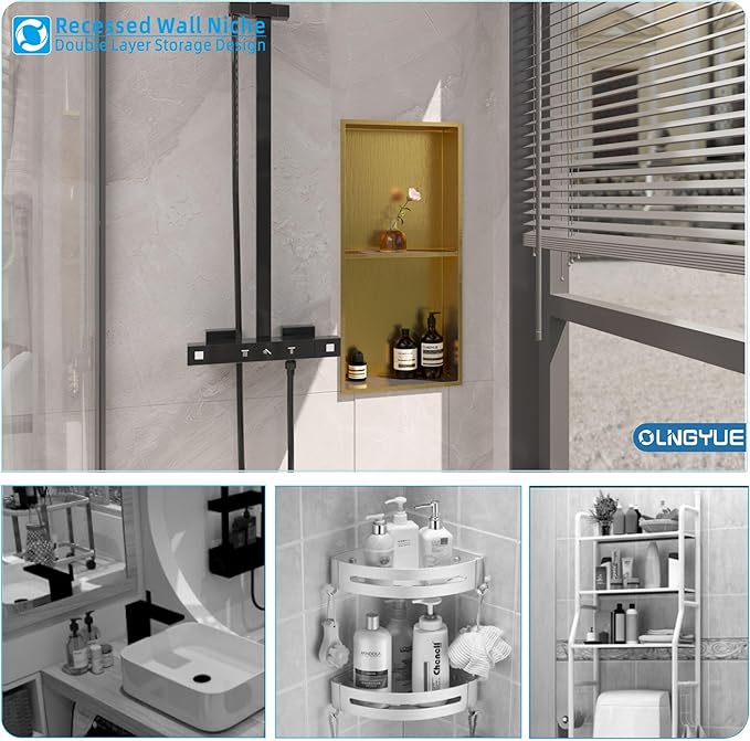 Shower Niche No Tile Needed: Stainless Steel Double Layer - 12"x24" Recessed Wall Niches Shelves for Bathroom Kitchen Toilet Storage - Brushed Gold