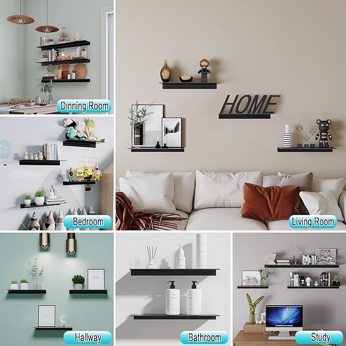 Metal Floating Shelves Set of 2, Length 30CM, Black Wall Shelf for Bathroom, Display Shelves for Wall Decorative for Living Room, Bedroom, Hallway, Office