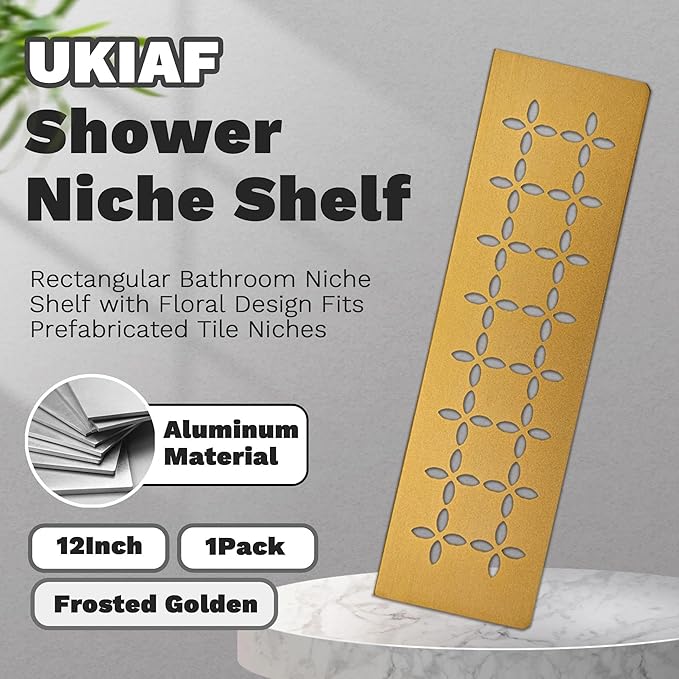 12 Inch Frosted Golden Aluminum Material Shower Niche Shelf Rectangular Bathroom Niche Shelf with Floral Design Fits Prefabricated Tile Niches 1 Pack