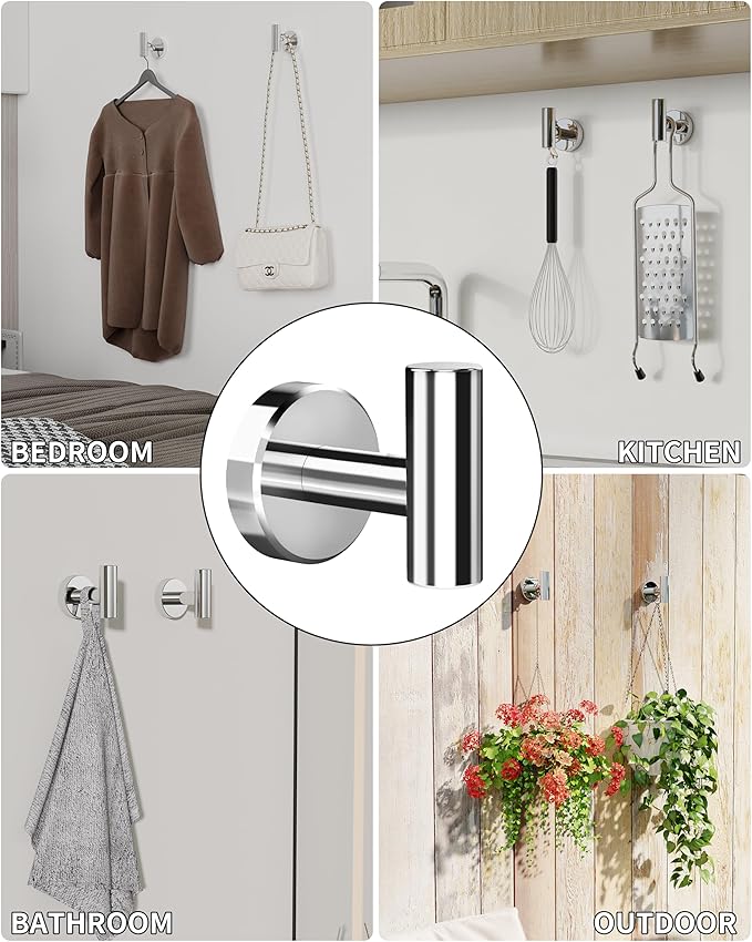 Chrome Bathroom Towel Hook, Coat Robe Clothes Hook for Kitchen Garage Wall Mounted 4 Pack, 304 Stainless Steel, Heavy Duty Door Hanger, Cabinet Closet Wall Hook for Hotel Pool (Polished Chrome)