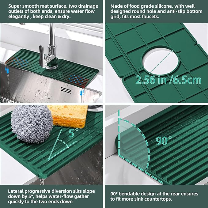Faucet Mat for Kitchen Sink, Silicone Faucet Handle Drip Catcher Tray, Drying Mat as Sponge and Soap Holder with Lateral Inflow for Kitchen Bathroom Farmhouse & RV Sink Accessories (Green)