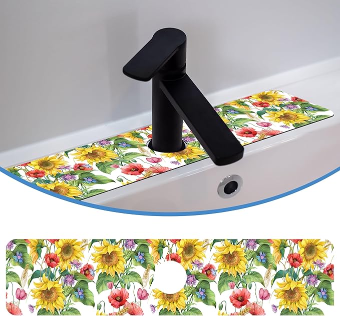 Faucet Mat for Kitchen Sink Sunflower Cornflower Poppy Barley, Soft Diatom Mud Material, Strong Water Absorption, Non-slip, Easy to Clean for Bathroom, Kitchen 23.5"X5.5"
